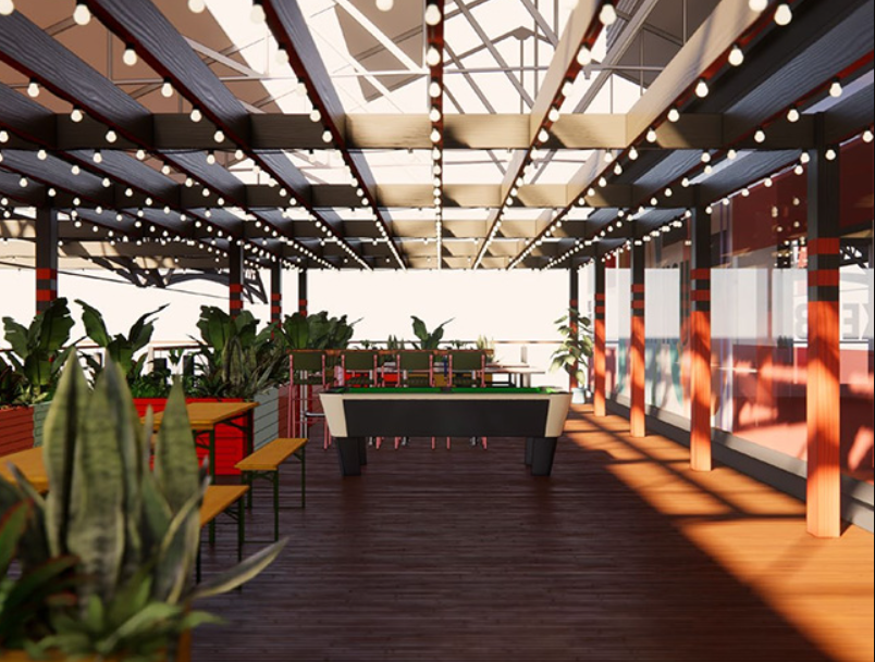 Vibrant outdoor event space at KERB Social Club with string lights, ideal for gatherings.