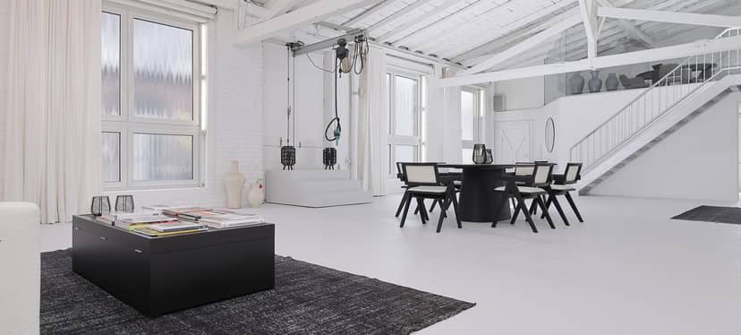 Minimalist loft event space in Düsseldorf for VIP dinners and creative workshops.