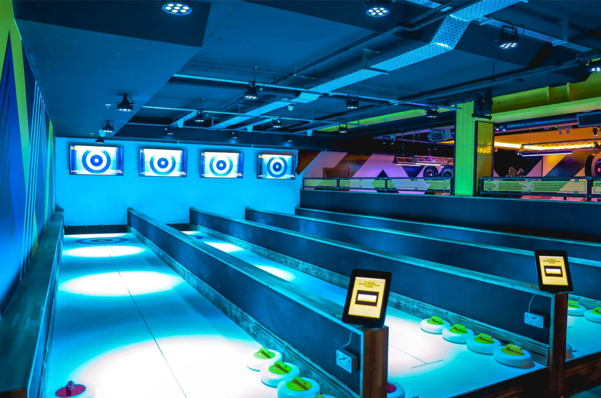Modern bowling event space at The Lodge, Cabot Circus, ideal for corporate gatherings.