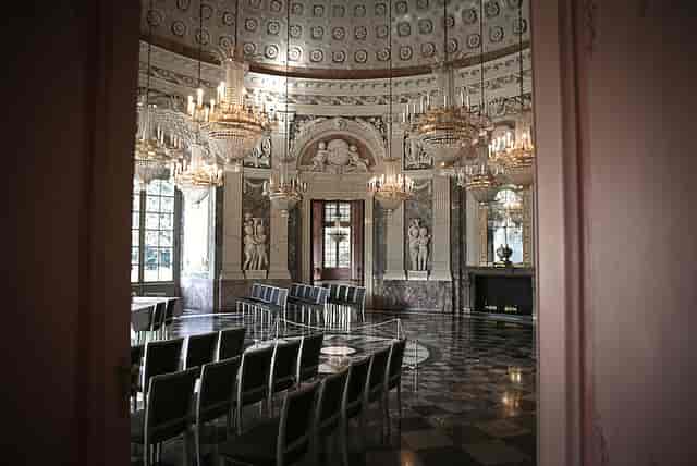 Schloss Benrath ceremonial hall with chandeliers, luxury corporate event venue, theater seating.