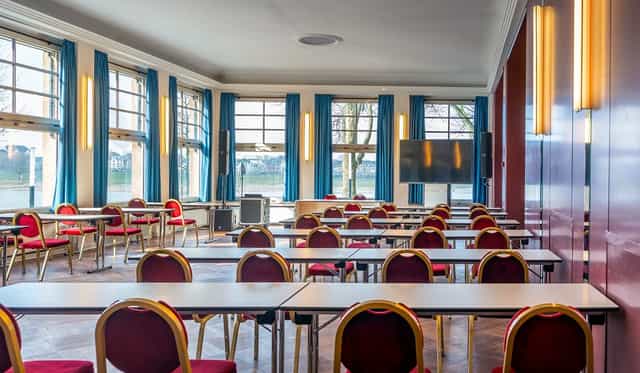 Silbersaal Rheinterrasse boardroom classroom setup for corporate training and workshops.
