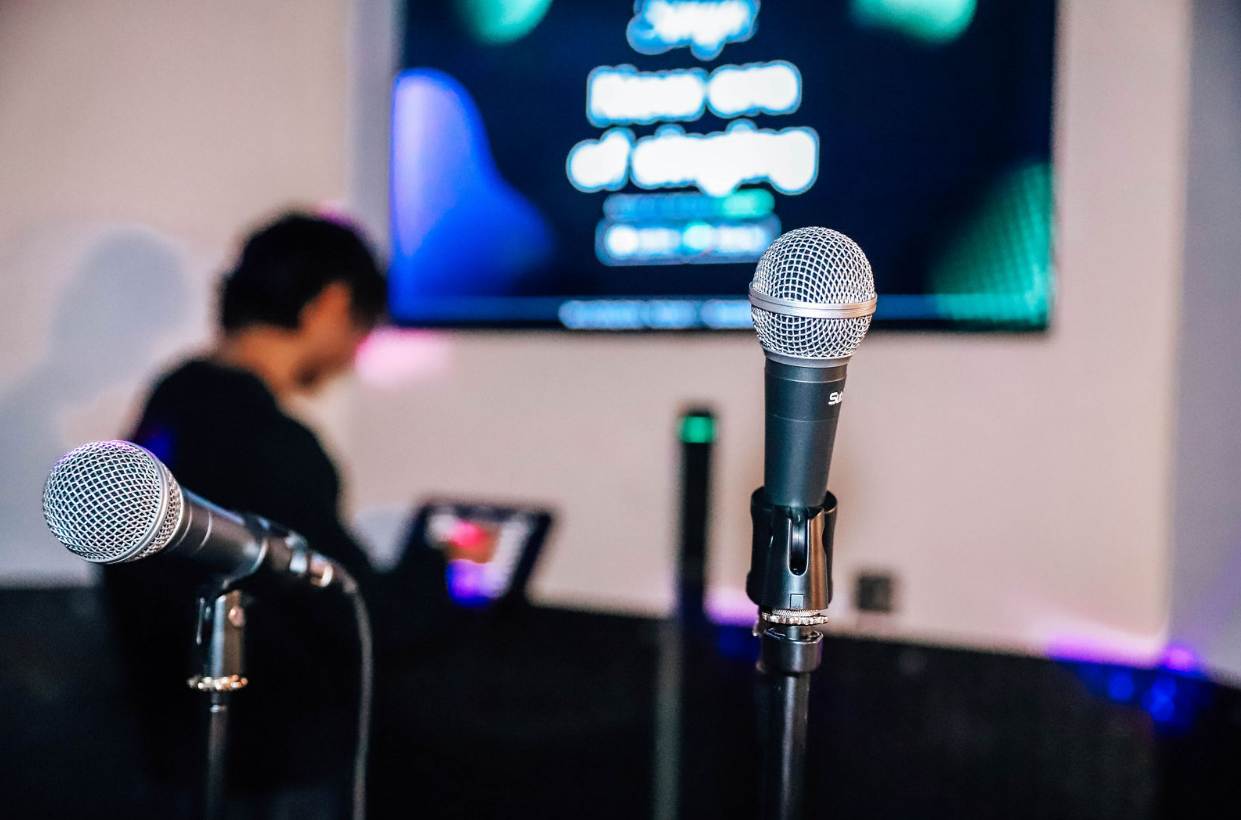 Karaoke room with microphones in Cabot Circus for events and presentations.