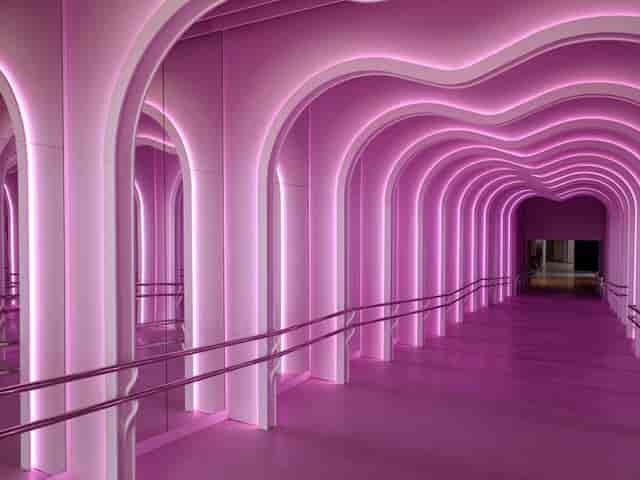 Immersive TEMBO Room corridor, SLS Barcelona: experiential event space for social media engagement.