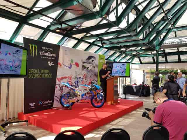 Product launch setup with motorcycle display in Azulete Meeting Room at Hotel Miramar Barcelona.