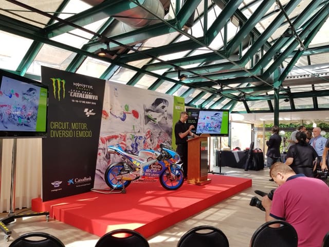 Product launch setup with motorcycle display in Azulete Meeting Room at Hotel Miramar Barcelona.
