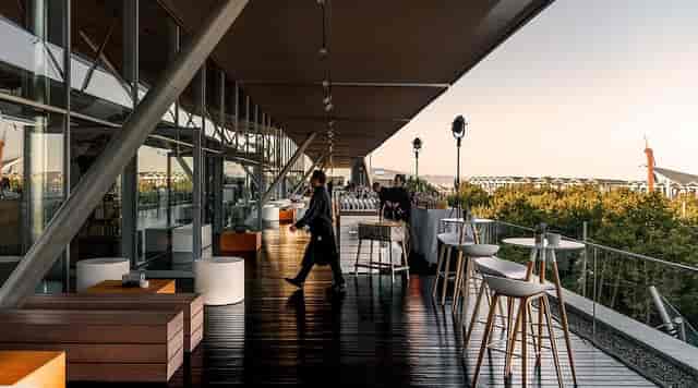 CCIB Barcelona rooftop terrace event space for sophisticated cocktail reception and networking.