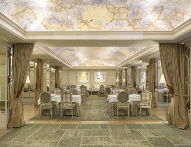 Luxury banquet space at Restaurant SOLC with vaulted ceiling for boardroom dinners and events.