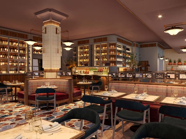 Sophisticated Restaurant Can Bo banquette seating for corporate events and networking mixers.
