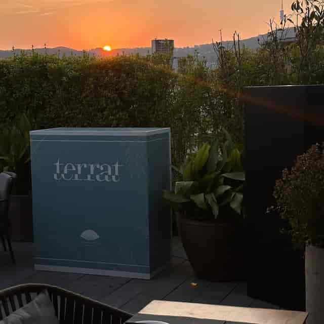 Branded event podium at Terrat rooftop for corporate receptions and luxury networking.