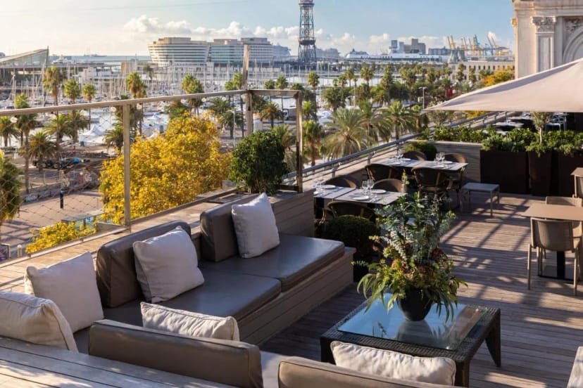 Rooftop venue at Duquesa de Cardona with harbor views for VIP cocktail receptions and networking.