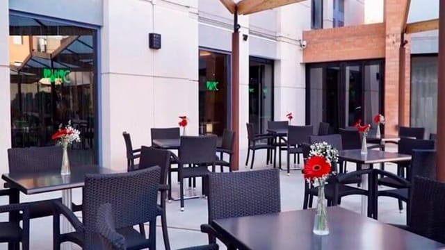 Modern outdoor patio at Hotel Alimara for networking mixers and corporate cocktail receptions.