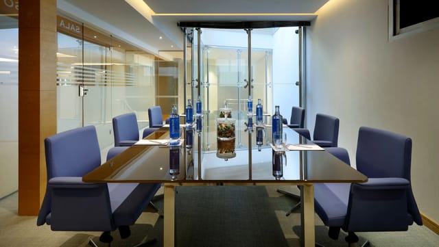 Modern meeting room at Hyatt Regency Hesperia Madrid with glass walls for corporate events.