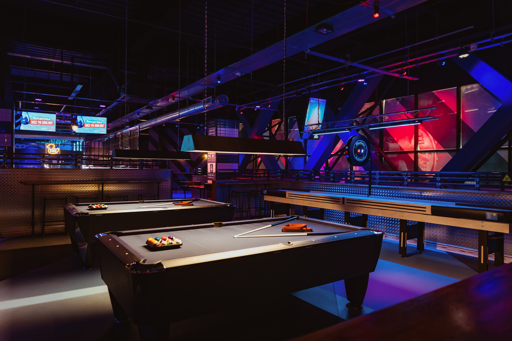 Vibrant pool tables at The Gallery in Roxy Lanes, Cardiff for networking events.