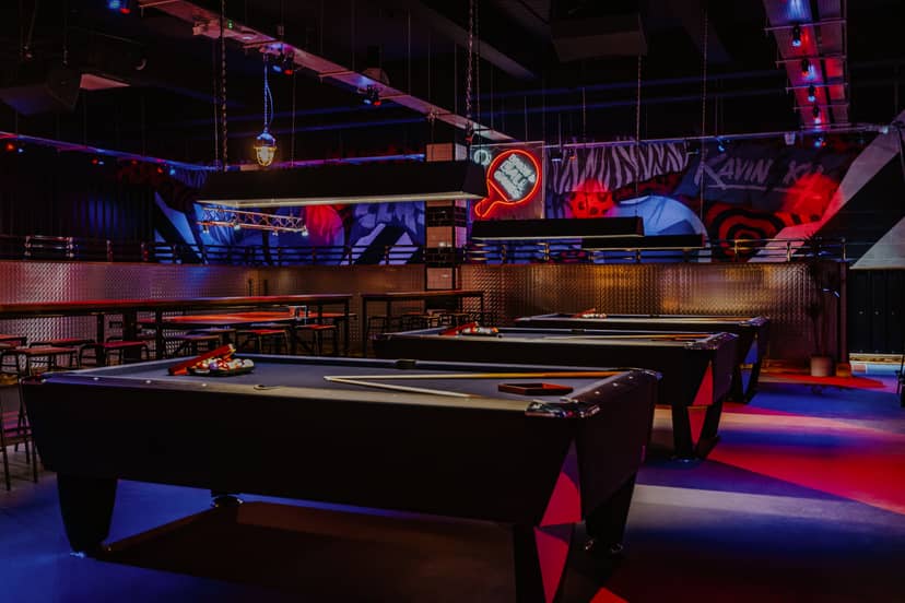 Industrial Roxy Ball Room tournament area for corporate team-building and networking events.