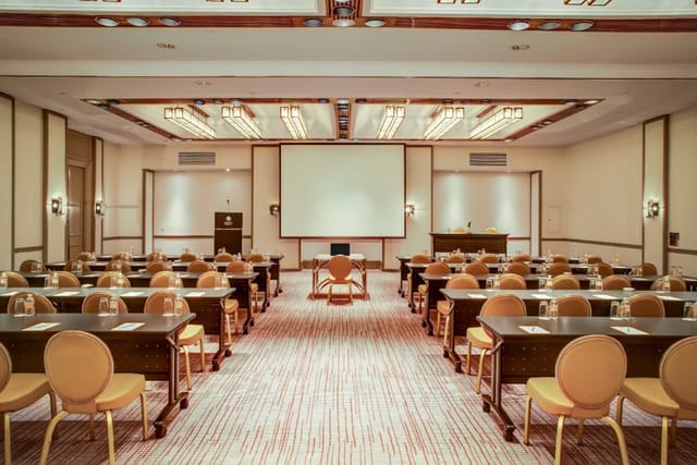 Regency Ballroom B schoolroom setup for corporate training and presentations at Hyatt Mexico City.