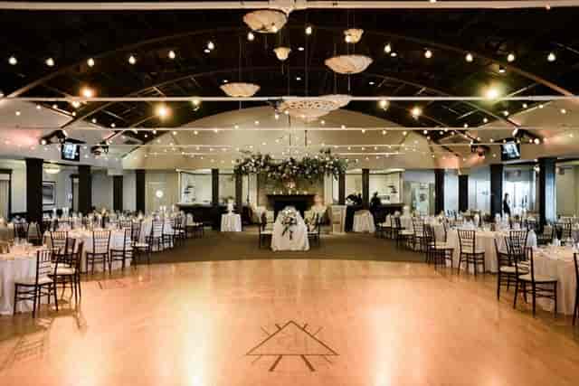 Palais Royale ballroom with bistro lighting, perfect for wedding receptions and galas.