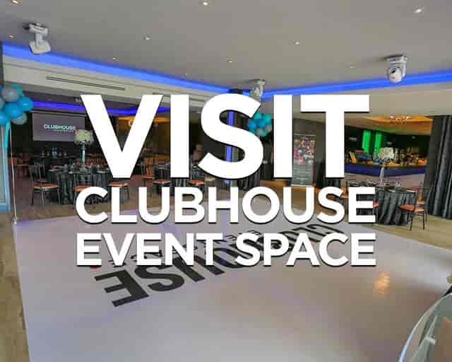 Clubhouse event venue with banquet seating for corporate receptions and social gatherings.