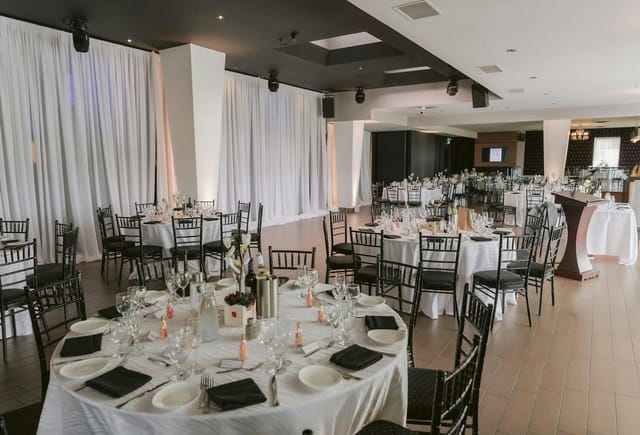 The Vue event venue concert hall set for a formal banquet, versatile wedding reception space.