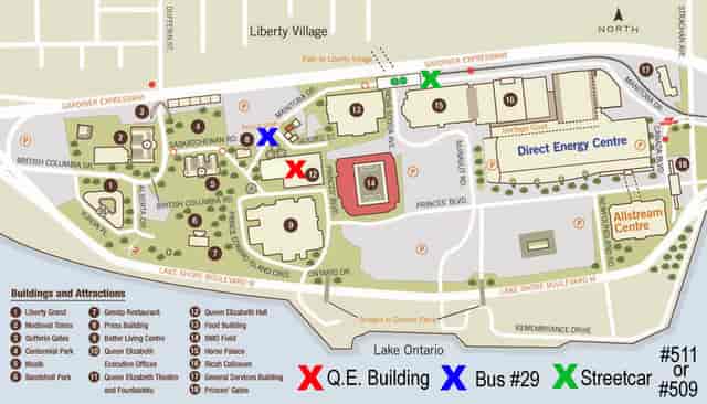 Queen Elizabeth Building map, Exhibition Place site plan for Toronto event logistics and transit.