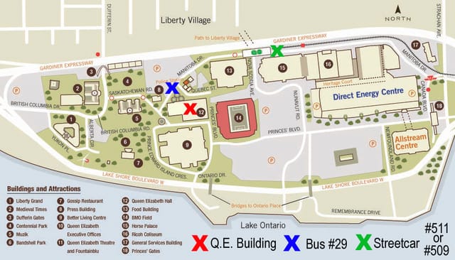 Queen Elizabeth Building map, Exhibition Place site plan for Toronto event logistics and transit.