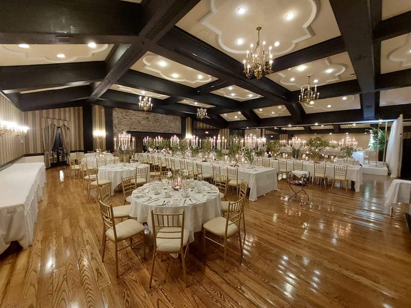 Brule C at Old Mill Toronto: Banquet setup with exposed beams for a formal wedding or upscale gala.