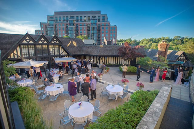 The Dining Room patio at Old Mill Toronto, set for an outdoor networking reception and event.