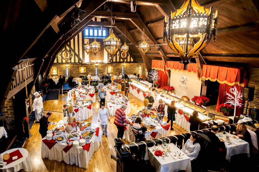 Holiday buffet at Old Mill Toronto, vaulted ceilings, elegant event venue, catering service.