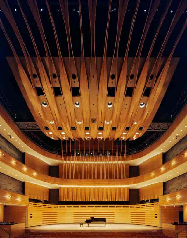 Temerty Theatre in Koerner Hall with architectural ceiling, ideal for keynote and plenary events.