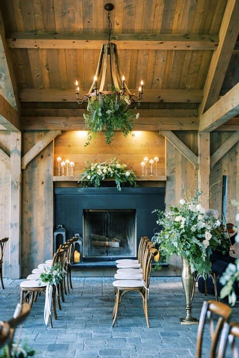 Rustic Langdon Hall Firshade Room with fireplace, perfect for intimate wedding or event venue.