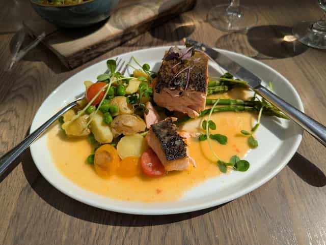 Pan-seared salmon entrée at Sassafraz S-Café for VIP corporate lunch and conference dinner.