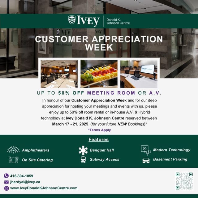 Ivey Donald K. Johnson Centre flyer, 50% discount meeting room rental promotion for event booking.