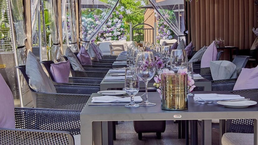 Via Allegro semi-private patio, weather-protected dining for corporate luncheons and VIP events.