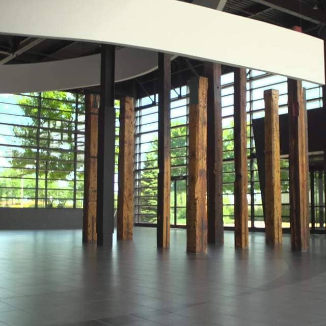 Toronto Congress Centre: Industrial event space with timber columns for receptions and exhibitions.