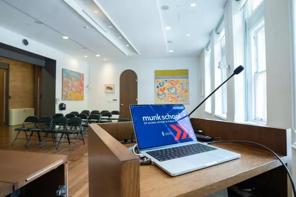 Lectern in North House seminar room for academic lecture or professional presentation.