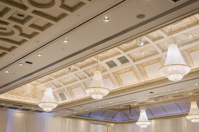 Chateau Le Jardin ballroom with crystal chandeliers, perfect for wedding and gala event venues.