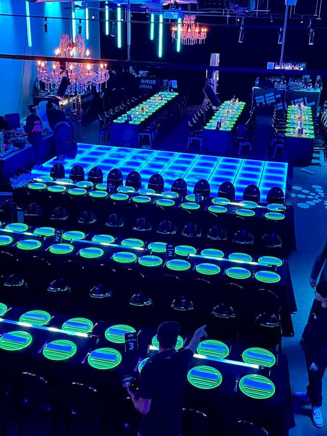 Neon-lit LED dance floor at The Factory Lounge, perfect for gala or high-energy corporate events.