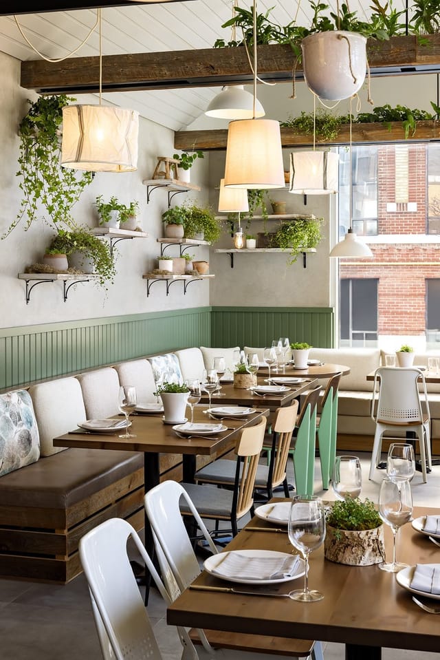 Biophilic 1 Kitchen restaurant dining space for corporate events and networking.