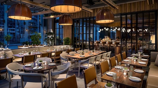 Casa Madera private dining room, Toronto, with floor-to-ceiling windows for corporate events.