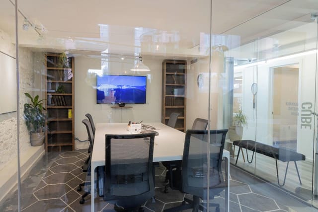Modern glass breakout room at StartWell for strategy sessions and hybrid meetings.