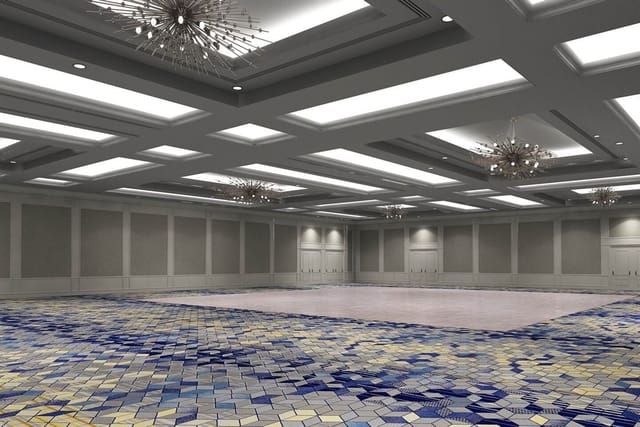 Ballroom at Sheraton Parkway Toronto North with modern chandeliers for corporate events and weddings.
