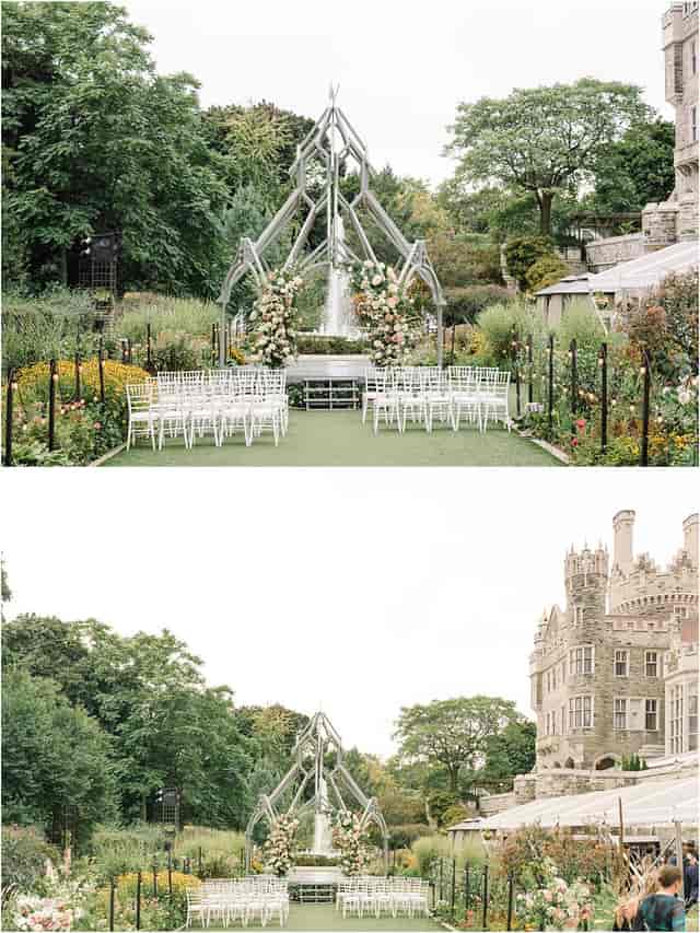 Wedding ceremony at Casa Loma Glass Pavilion with floral arch and fountain backdrop.