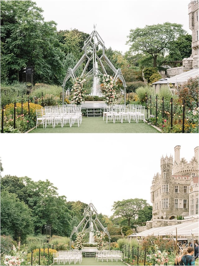 Wedding ceremony at Casa Loma Glass Pavilion with floral arch and fountain backdrop.
