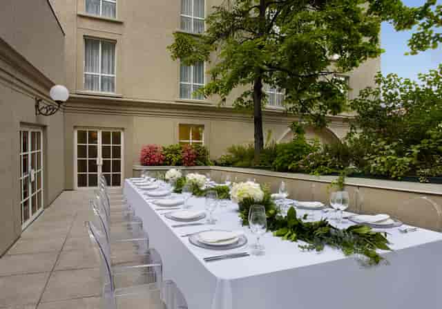 Outdoor terrace at Champagne Ballroom, Novotel Toronto: corporate dinner and networking venue.