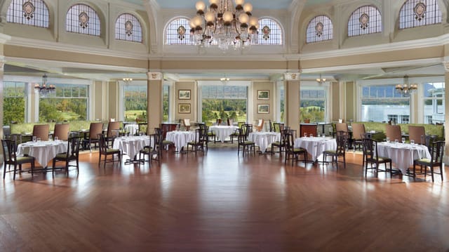 Omni Mount Washington Resort banquet hall with hardwood floors for corporate galas and events.