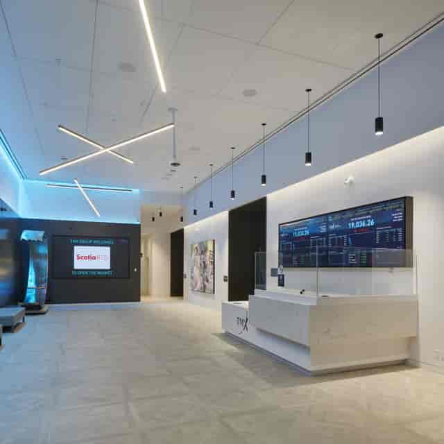 Modern TMX Market Center reception for executive events and bell-ringing ceremonies.