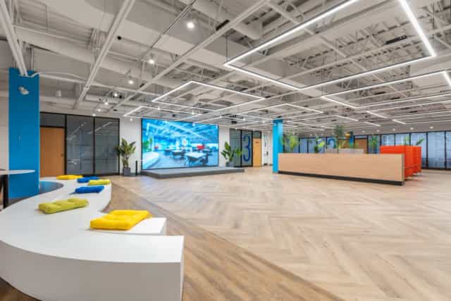 Modern Media Room with LED wall for town halls and networking events at S³PACE.
