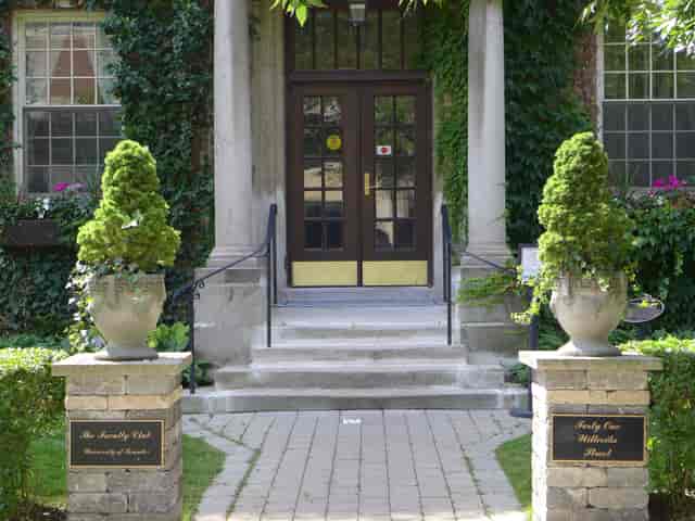 The Patio at The Faculty Club: elegant venue entrance for upscale networking and board meetings.