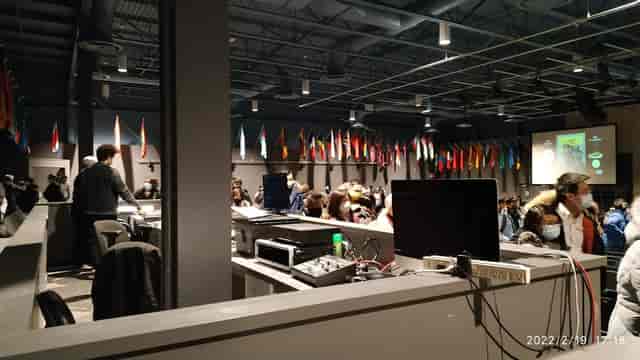 A/V production booth overlooking a Toronto Pavilion plenary hall for corporate event conferences.