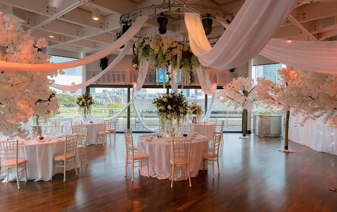 Elegant London event space with floral centerpieces for weddings and upscale events.