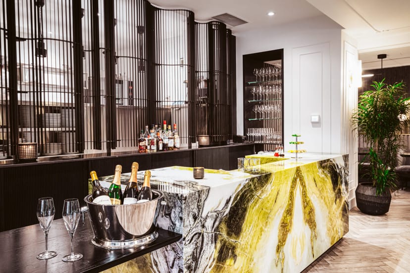 Upscale marble bar in SixtyEight private dining room for VIP receptions and cocktail events.